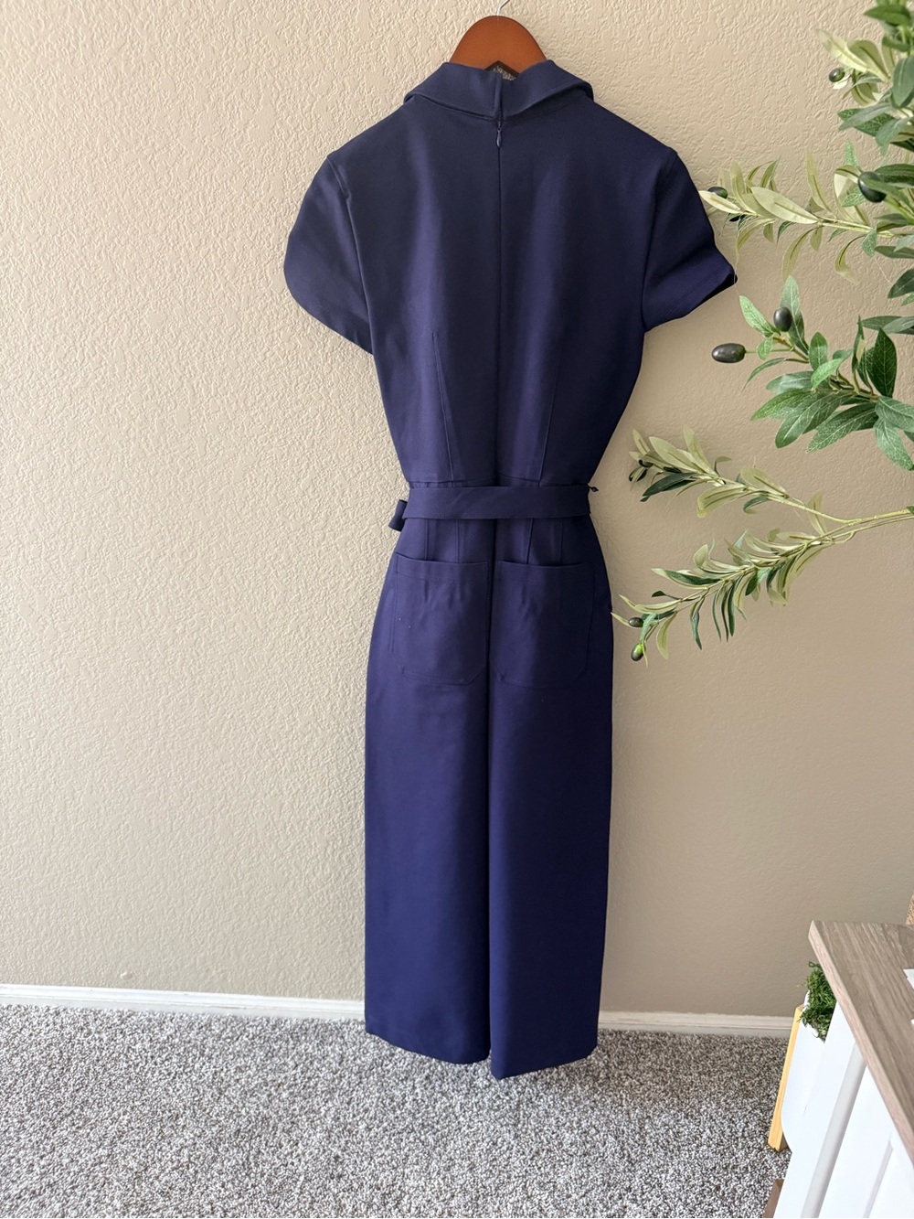 NWT Anthropologie Navy Blue Belted Wide Leg Jumpsuit Short Sleeve Collared - Picture 7 of 7